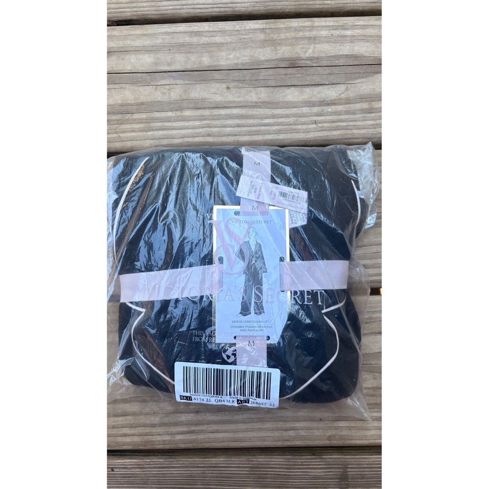Victorias Secret Modal Long Pajama Set Black White Piping 2 Piece Medium NEW